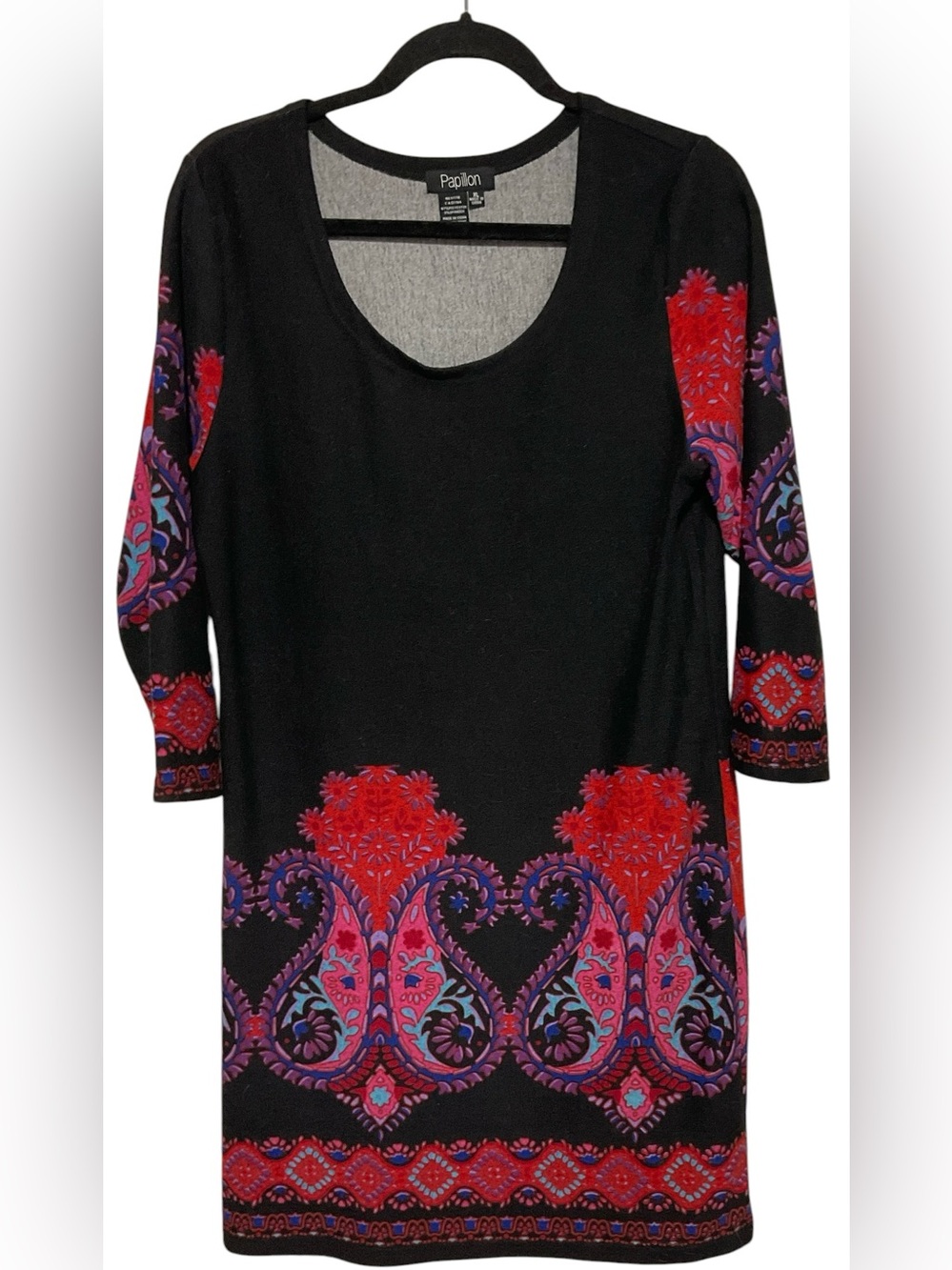 Papillon Black Paisley Border Print 3/4 Sleeve Dress Size XL